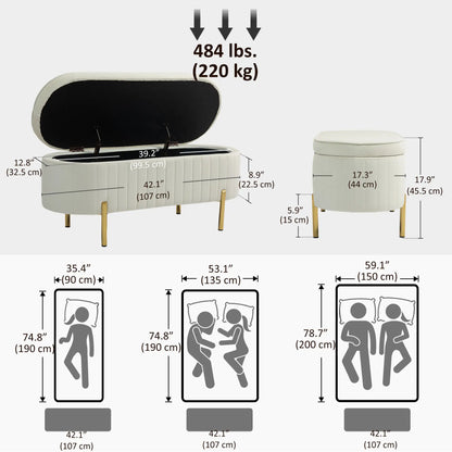 Upholstered Channel Tufted Ottoman Bench, Thick Padding, Metal Legs, Cream White Storage Ottomans & Benches at Gallery Canada