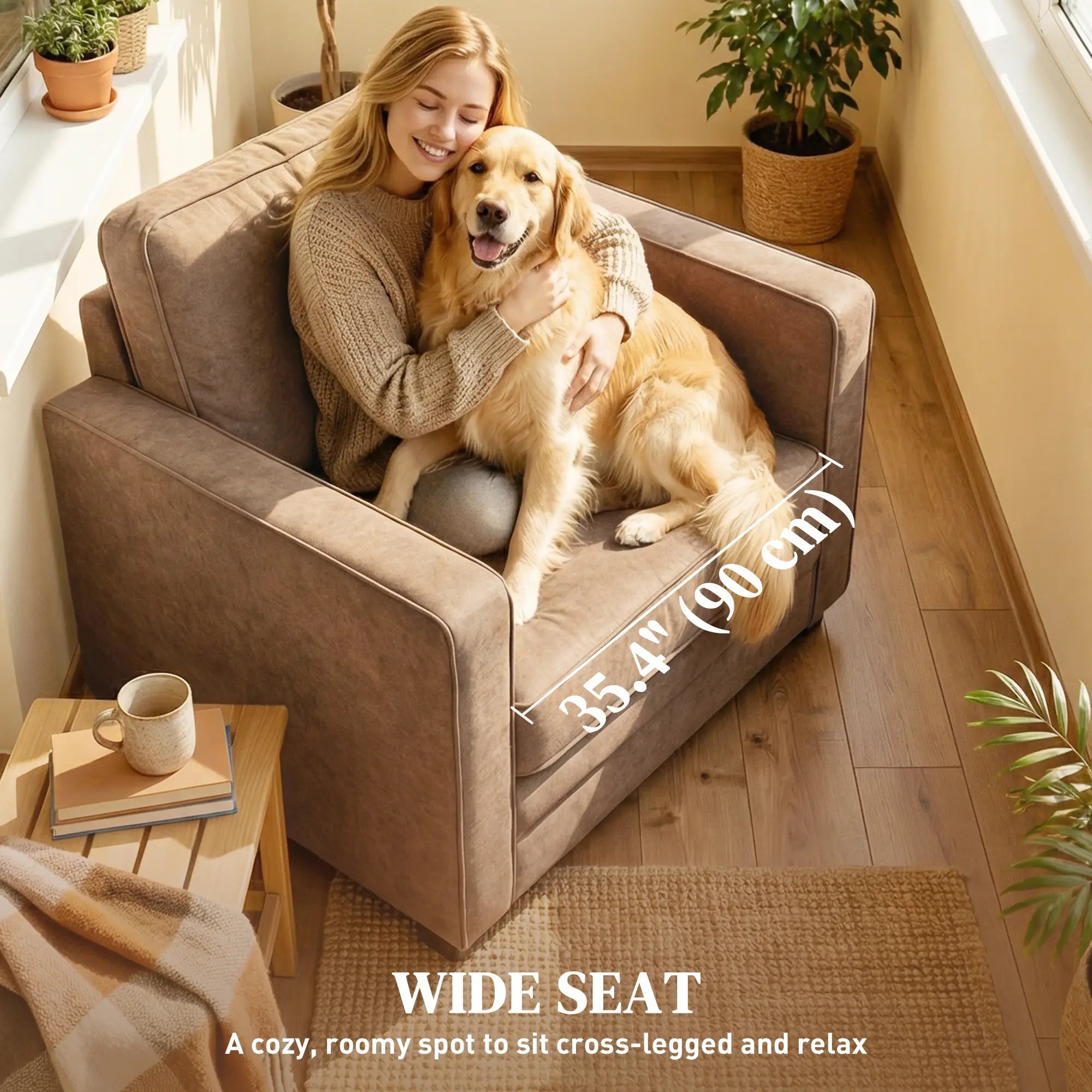Velvet Fabric Armchair, Wide Seat, Spring Cushion, Solid Wood Legs, Brown Single Sofas at Gallery Canada