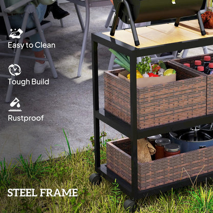 Outdoor Bar Cart, 3-Tier Rolling Cart With Removable Rattan Basket, Mixed-Brown Outdoor Grill Carts at Gallery Canada