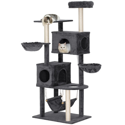 66 Inch Large Cat Tree, 2 Door Condos, 3 Hammocks, Plush Perch, Sisal Posts, Dark Grey Cat Trees at Gallery Canada