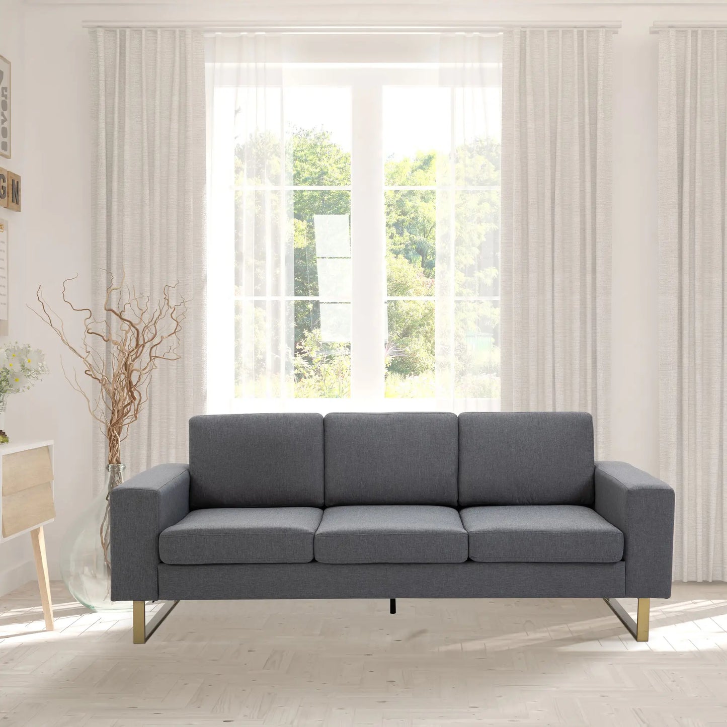 3 Seater Sofa, Linen Upholstered, Steel Leg, Wide Armrest, Grey 3-Seater Sofas at Gallery Canada