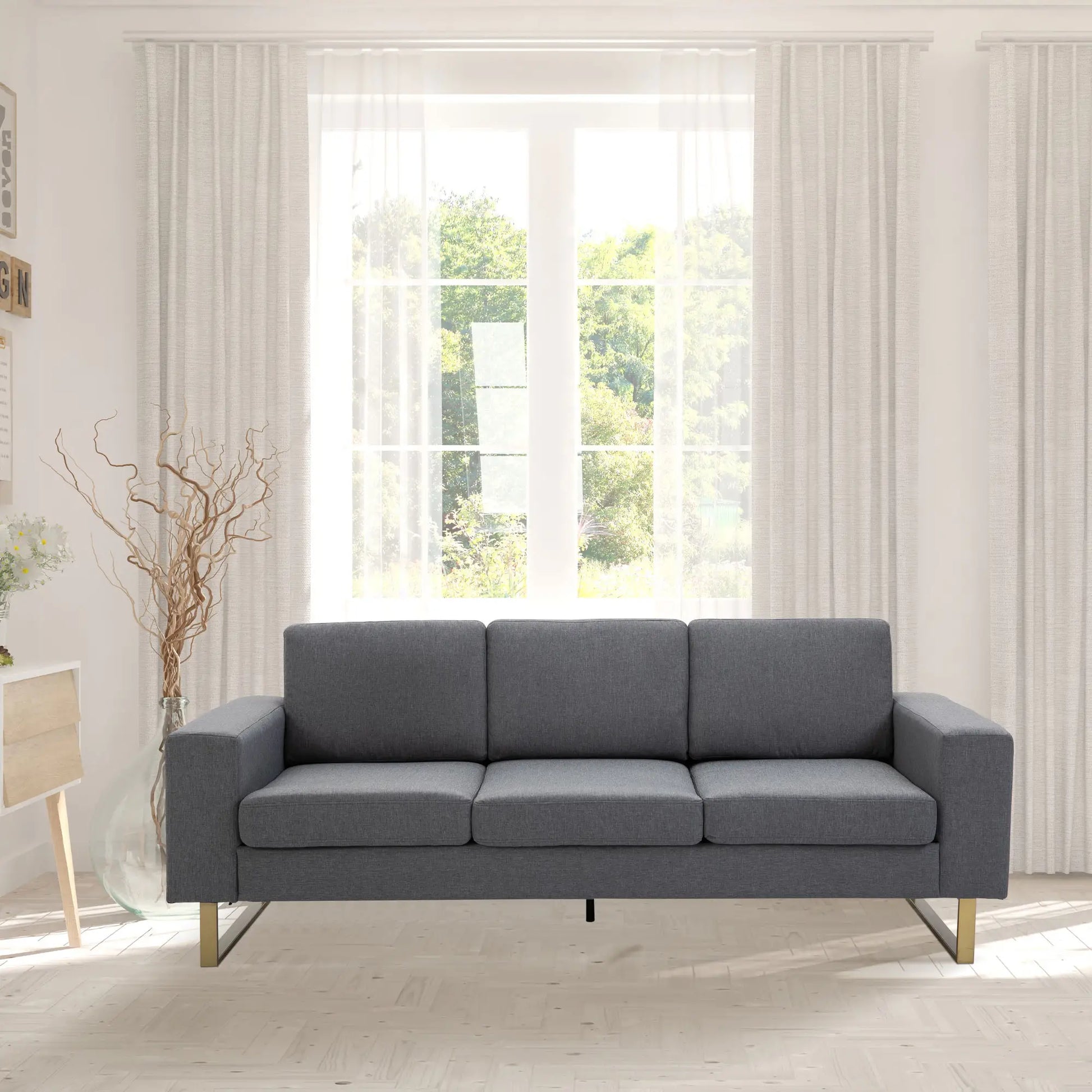 3 Seater Sofa, Linen Upholstered, Steel Leg, Wide Armrest, Grey 3-Seater Sofas at Gallery Canada