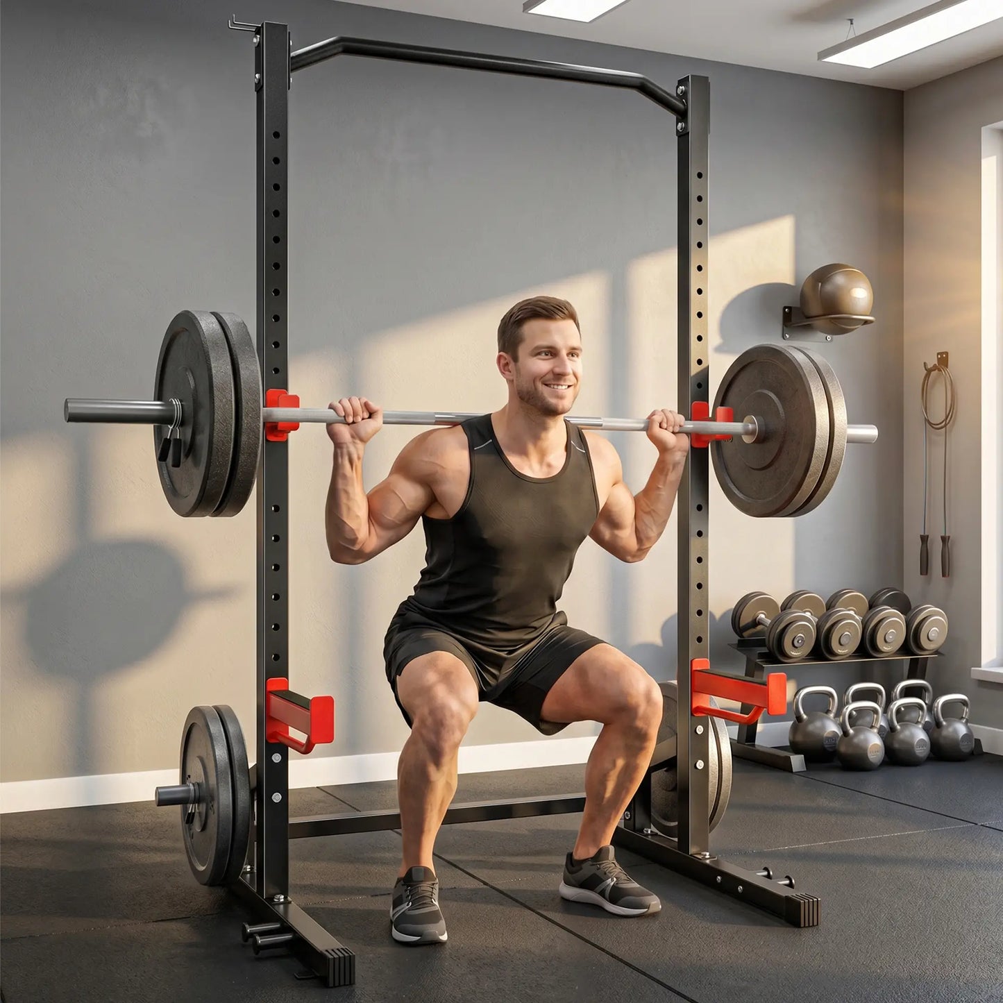 Power Cage Squat Rack, 1100LB, Pull-Up Bar, J-Hooks, Plate Storage
