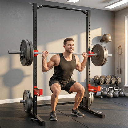 Power Cage Squat Rack, 1100LB, Pull-Up Bar, J-Hooks, Plate Storage
