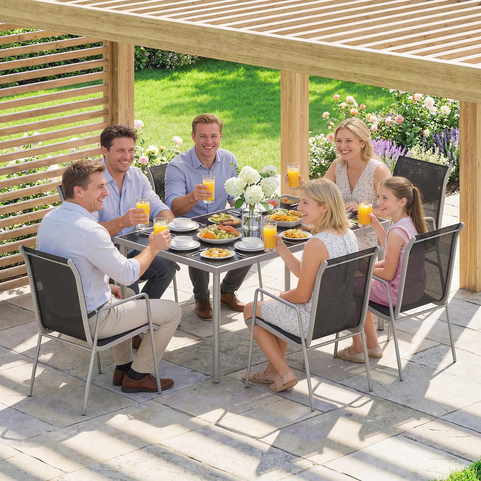 7 Piece Garden Dining Set With Rectangular Table & 6 Stackable Chairs Outdoor Dining Sets at Gallery Canada