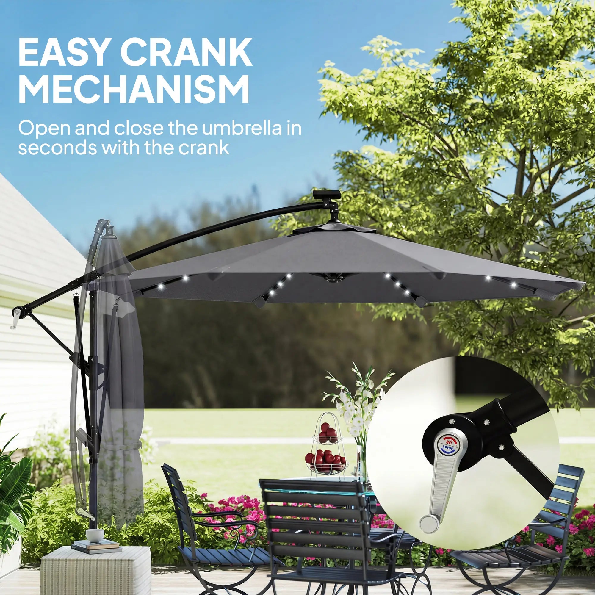 9.7ft Solar LED Cantilever Patio Umbrella, 32 LED Lights, Cross Base, Crank Handle, Dark Grey Offset Cantilever Umbrellas at Gallery Canada