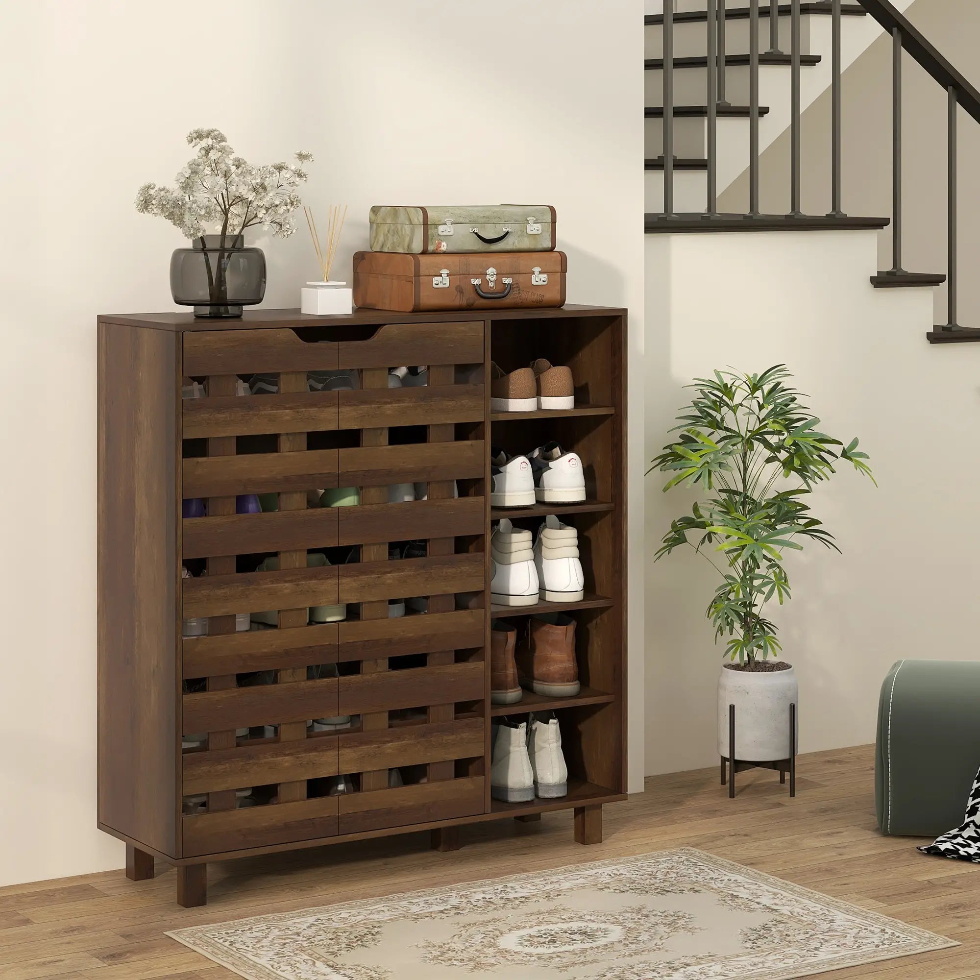 21 Pair Shoe Cabinet, 5-Tier Double Door, 5-Tier Open Shelves, Brown Shoe Storage Cabinets & Racks at Gallery Canada