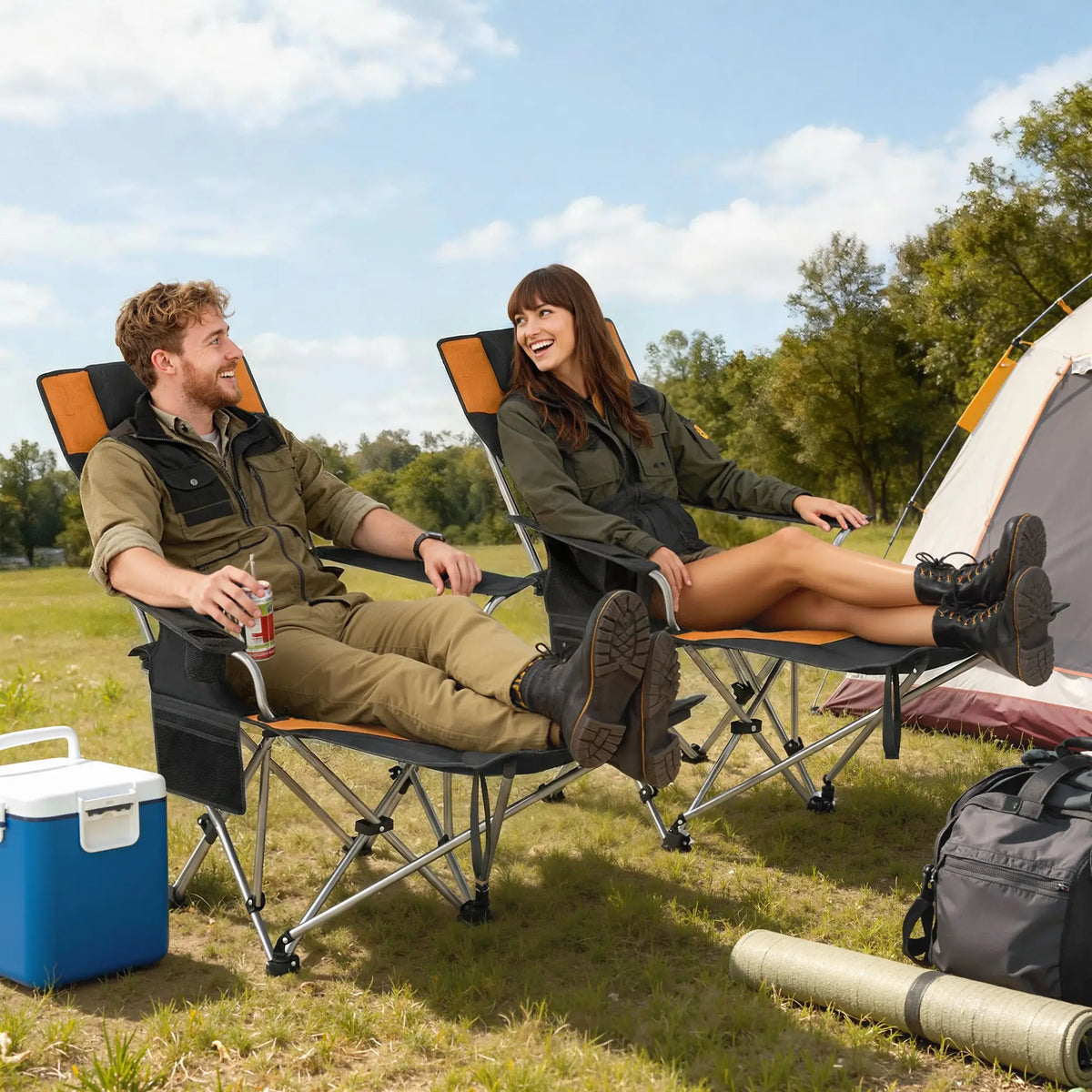 Reclining Camping Chair Set With Foot Rest, Headrest, Cup Holder, Storage Bag, Orange