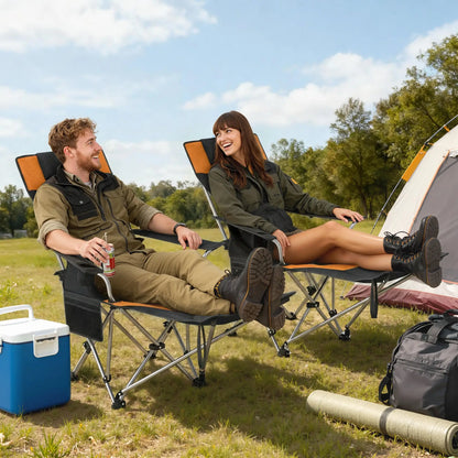 Reclining Camping Chair Set With Foot Rest, Headrest, Cup Holder, Storage Bag, Orange