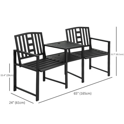 Metal Outdoor Bench, 2-Seater with Middle Table, Umbrella Hole, Black Outdoor Benches at Gallery Canada