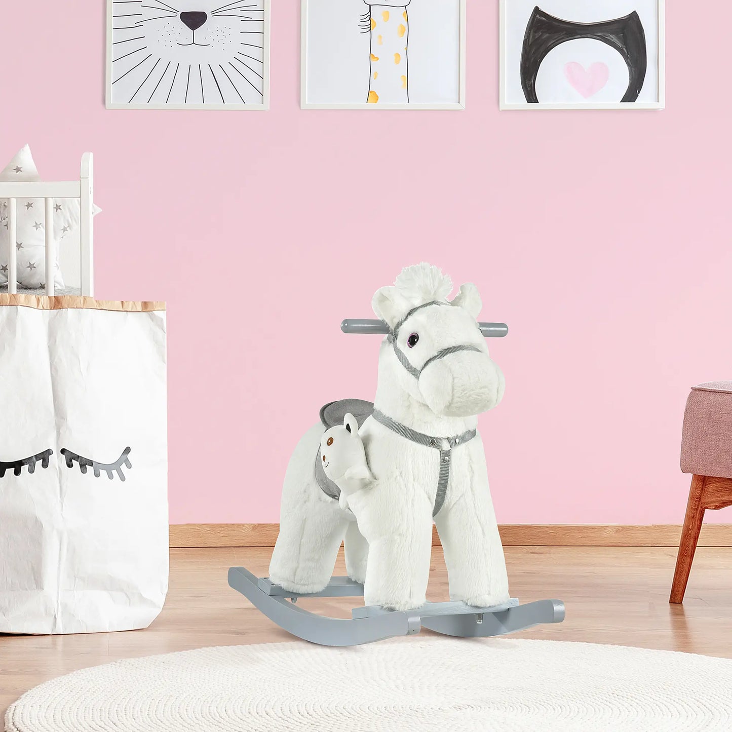 Kids Plush Ride-On Rocking Horse, Soft Bear Toy, Realistic Sounds, White Rocking Horses at Gallery Canada