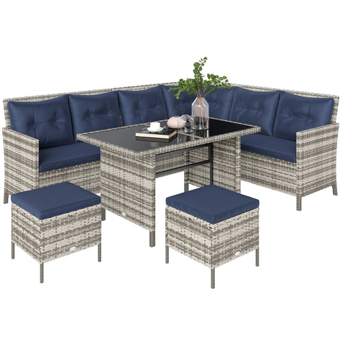 6pcs Outdoor Rattan Sofa Set, Wicker Sectional Couch, Dining Table, Sky Blue