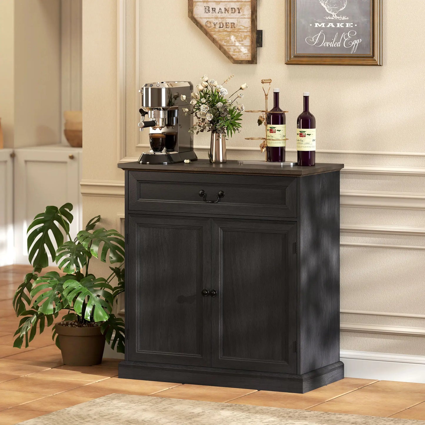 32" Buffet Cabinet, Black Wood Grain, Farmhouse Sideboard, Black Bar Cabinets at Gallery Canada