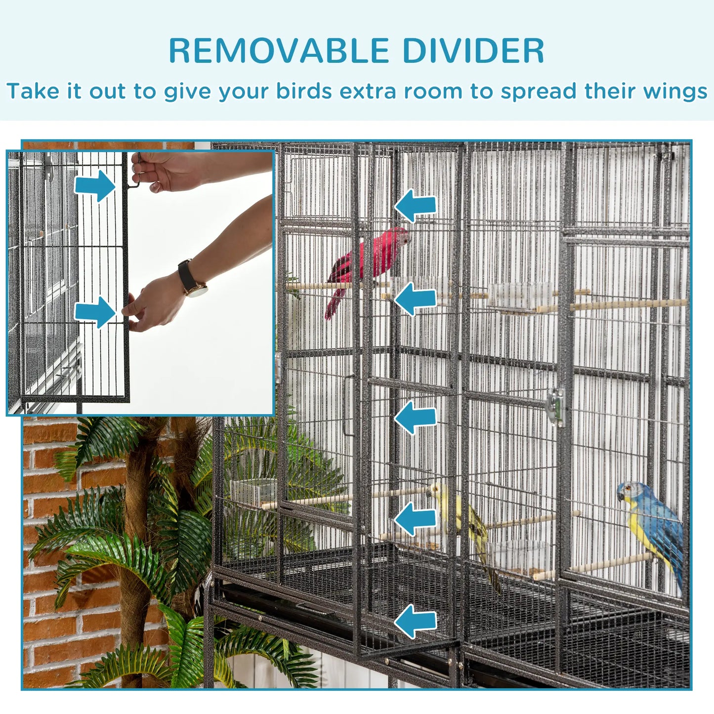 64" Extra Large Bird Cage, Rolling Metal Parrot Cage, 62.8" x 18.9" x 64.2"