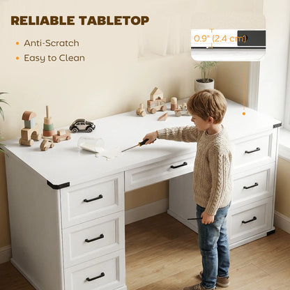 55" Computer Desk With 7 Drawers, Farmhouse Executive Desk, White Wood Grain Computer Desks at Gallery Canada
