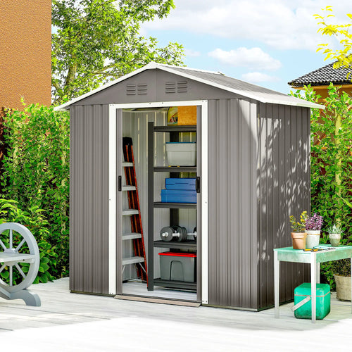 6.5x3.5ft Metal Garden Storage Shed, Double Sliding Doors, Light Grey