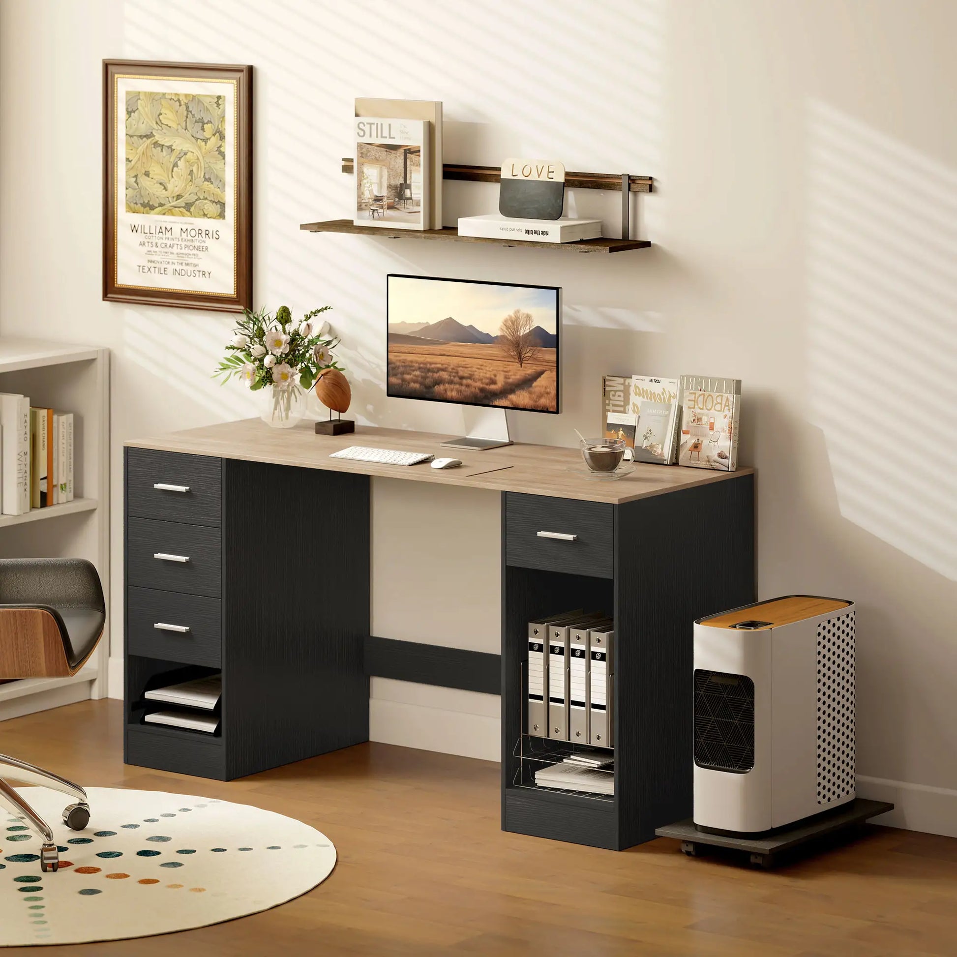 55 Inch Office Desk, Black Wood Grain, 4 Reversible Drawers, Mobile PC Stand, Black Computer Desks at Gallery Canada