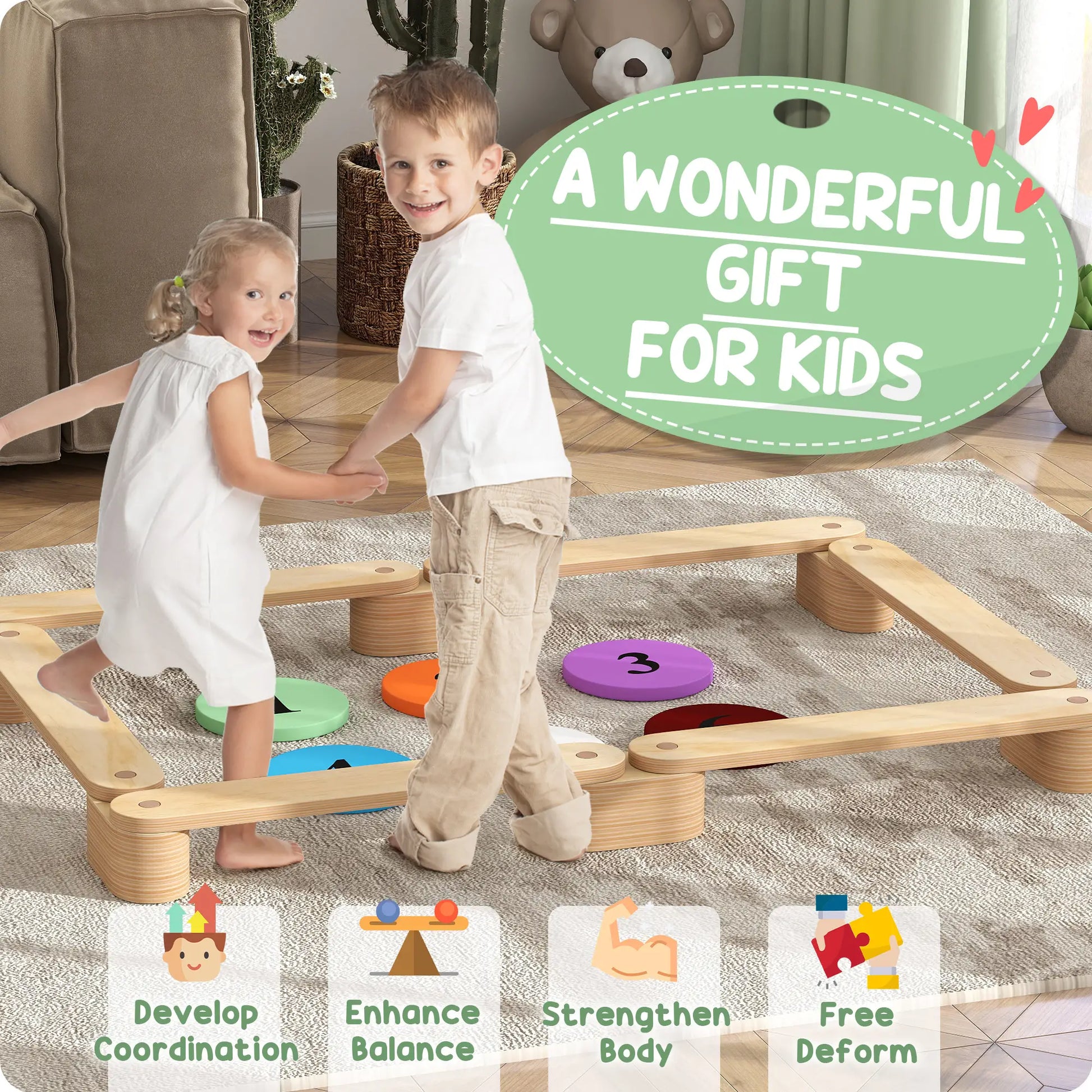 6 PC Wooden Balance Beam for Kids, Indoor Outdoor Coordination Baby Gym & Playmats at Gallery Canada