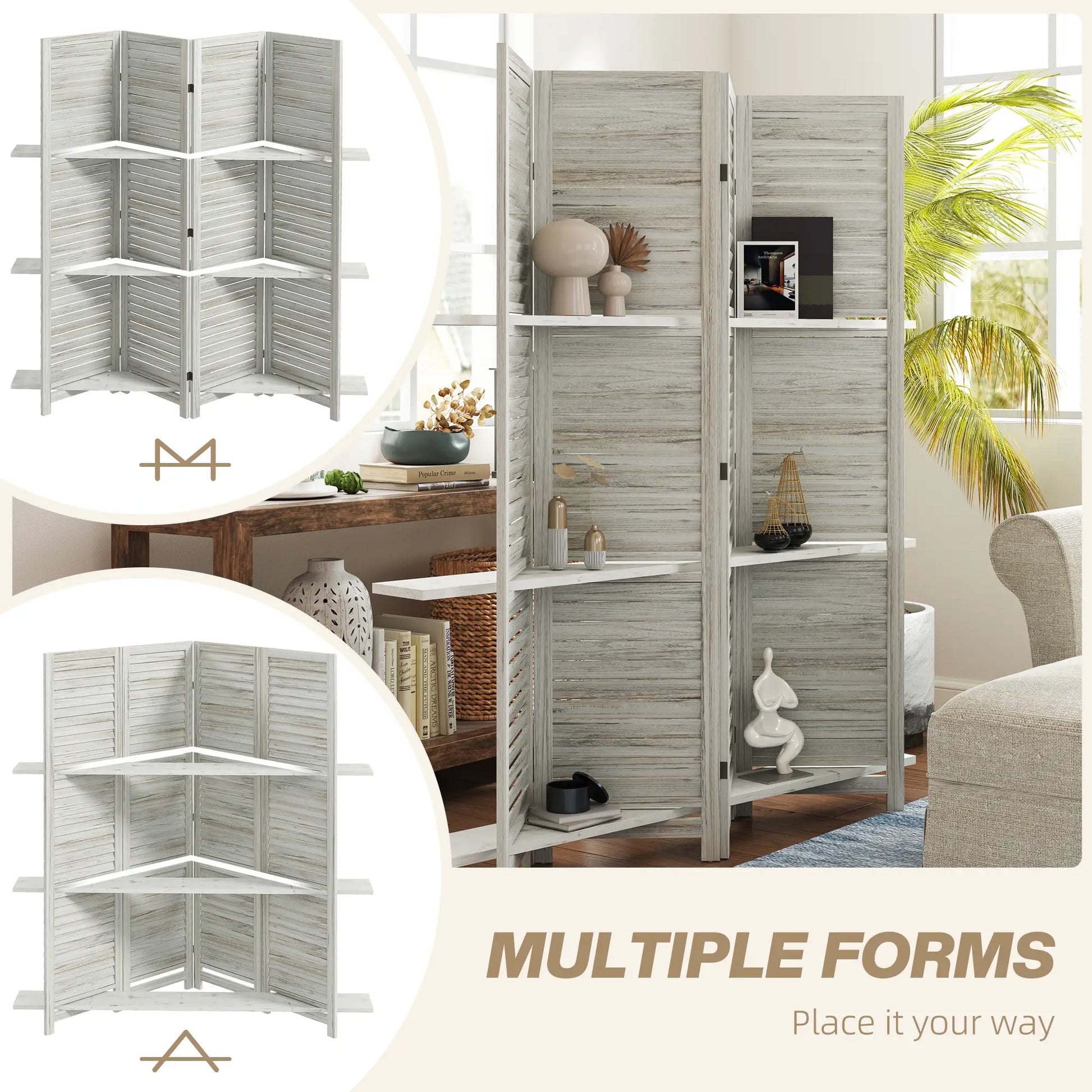4-Panel Wall Partition, 3 Storage Shelves, Foldable, Wooden Frame, 5.6FT, Distressed White, White Room Dividers at Gallery Canada