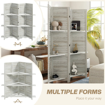 4-Panel Wall Partition, 3 Storage Shelves, Foldable, Wooden Frame, 5.6FT, Distressed White, White Room Dividers at Gallery Canada
