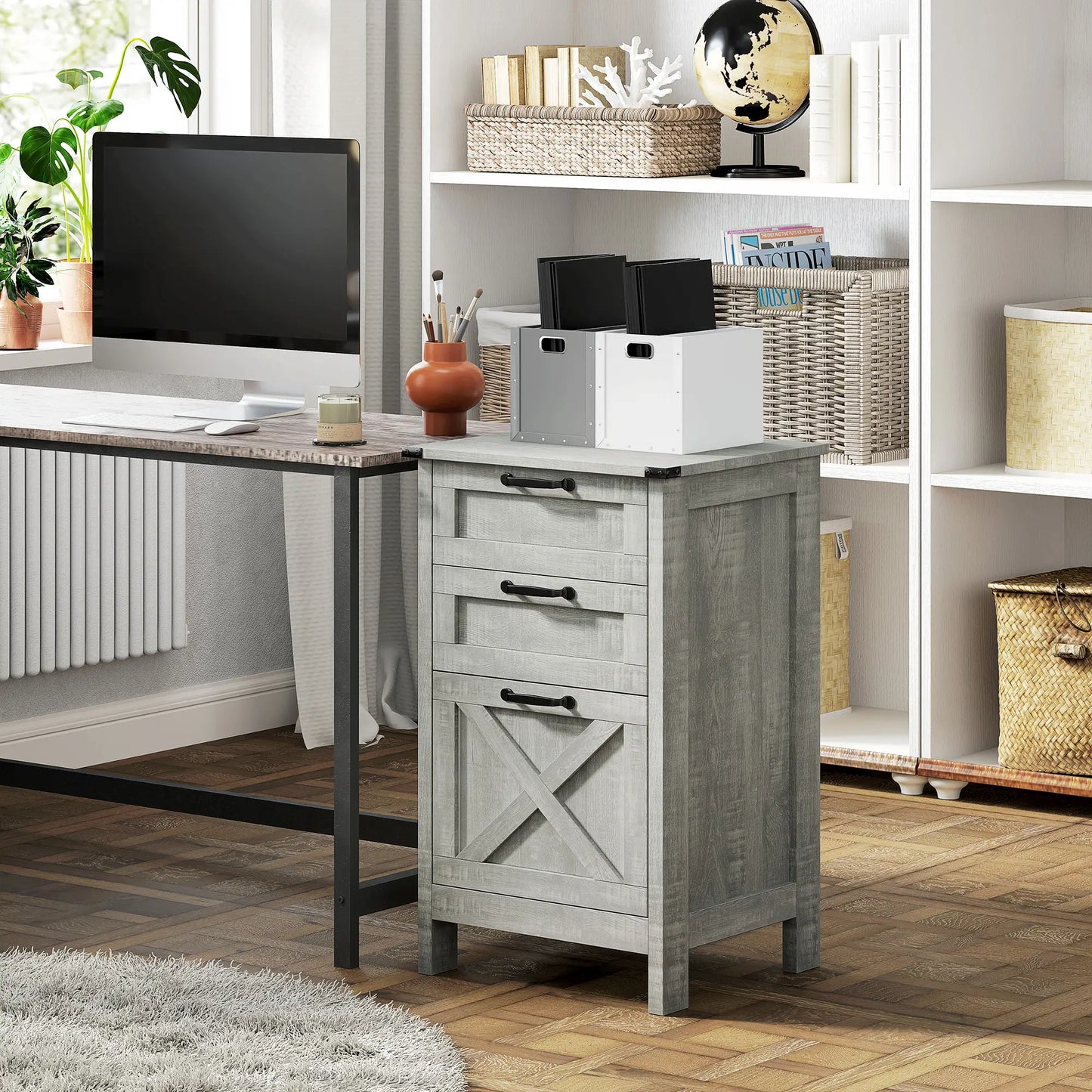 Vertical 3-Drawer Filing Cabinet, Rustic Farmhouse, A4 Letter Size, Stone Grey Office Cabinets & Cupboards at Gallery Canada