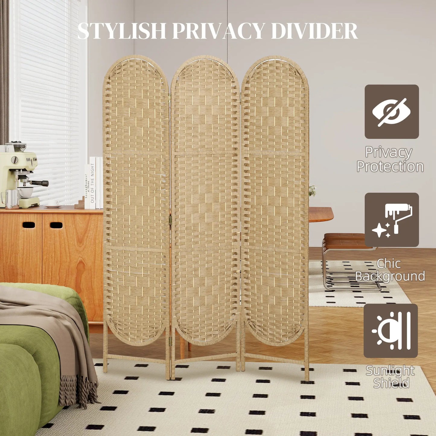 3 Panel Bohemian Privacy Screen, Arched Top Room Divider, Natural Wood