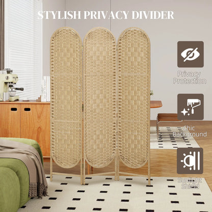 3 Panel Bohemian Privacy Screen, Arched Top Room Divider, Natural Wood