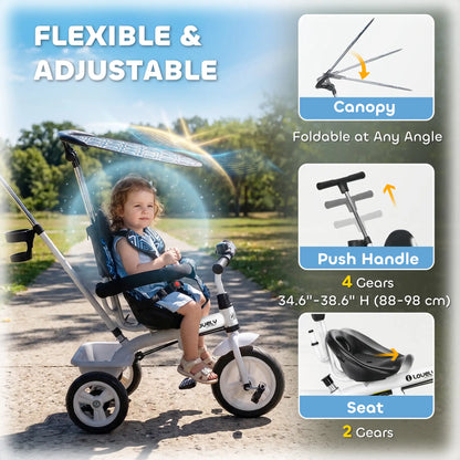 6 in 1 Kids Tricycle, Removable Handlebar, Canopy, Blue Tricycles for Kids at Gallery Canada