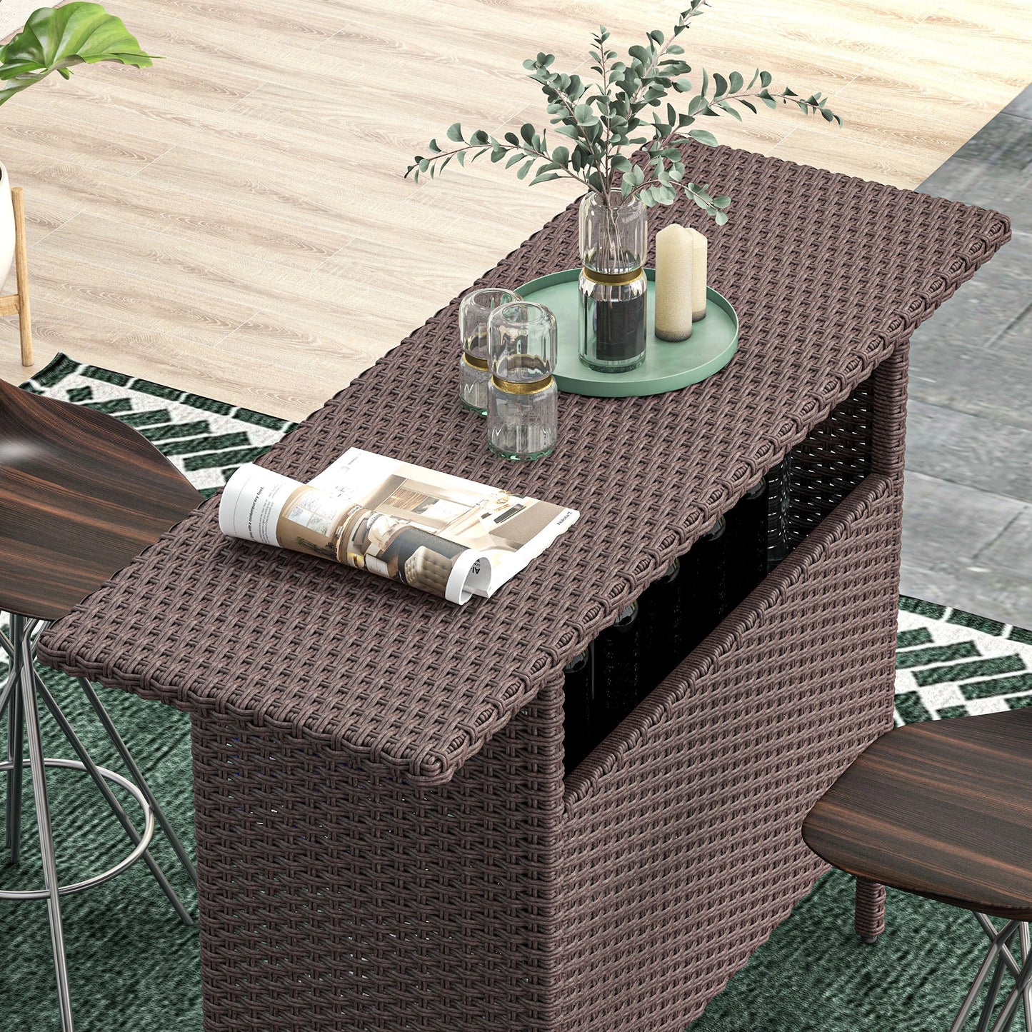 Outdoor Rattan Bar Table, 55.1" x 18.5" x 37", 2 Storage Shelves, Brown Bistro Sets at Gallery Canada