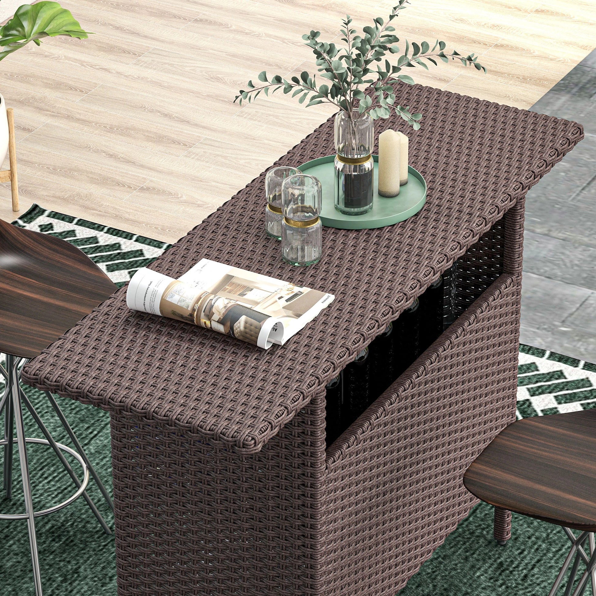 Outdoor Rattan Bar Table, 55.1" x 18.5" x 37", 2 Storage Shelves, Brown Bistro Sets at Gallery Canada