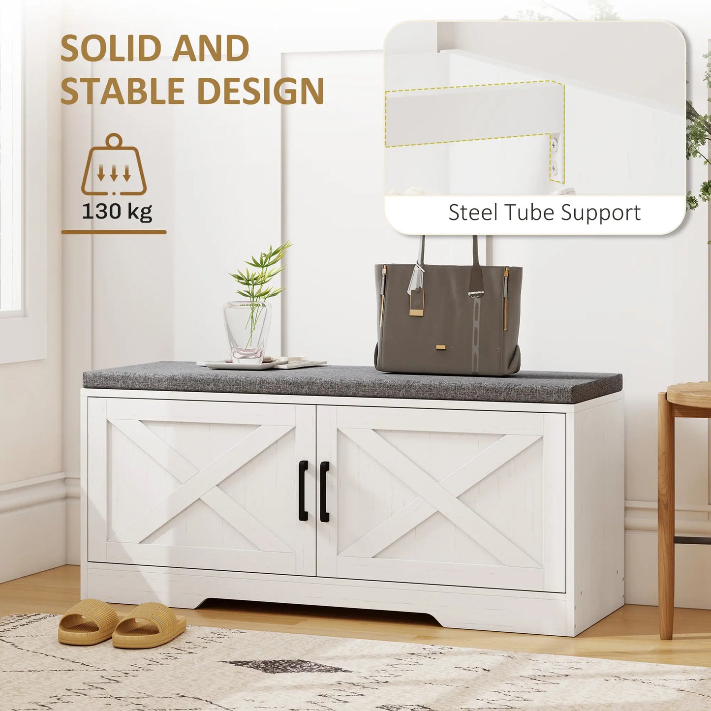 Shoe Bench With Cushion, Adjustable Shelves, Doors, White
