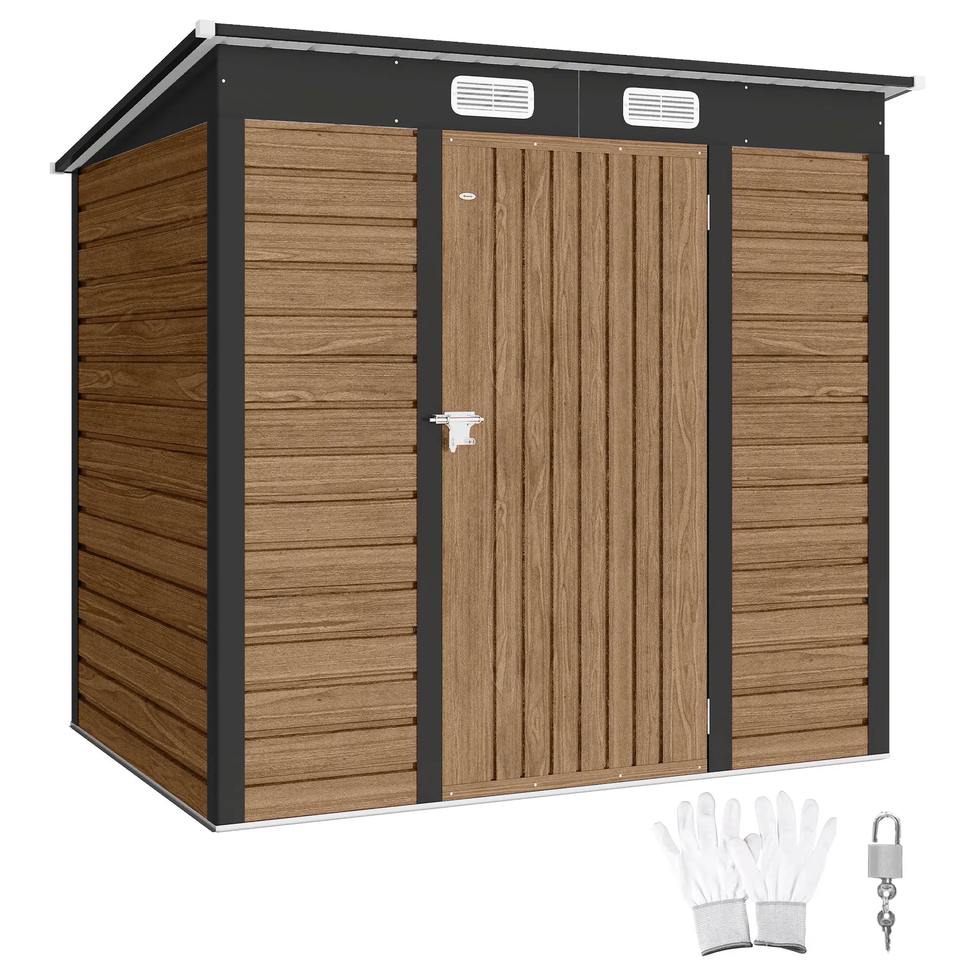 6' x 4' Galvanized Metal Garden Storage Shed, Double Doors, 2 Vents, Teak Sheds at Gallery Canada
