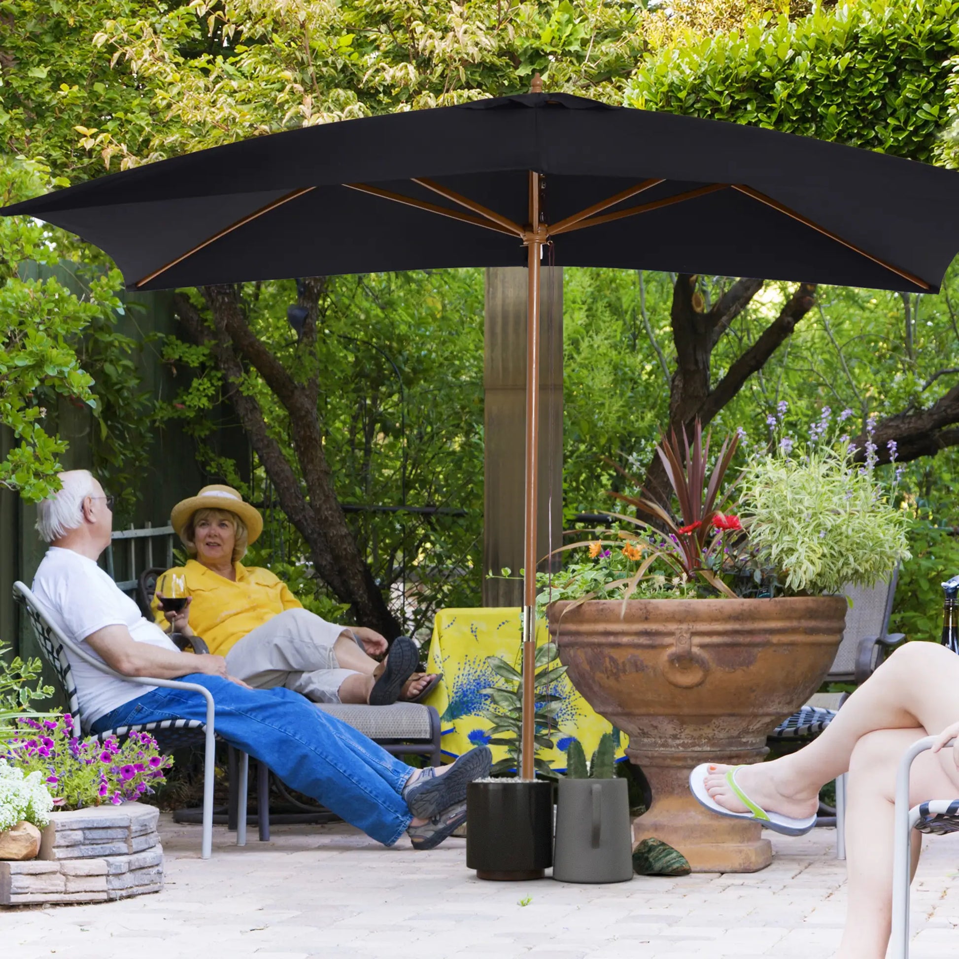 7' x 10' Wooden Patio Umbrella, Rectangle Garden Parasol, Outdoor Sunshade Canopy, Bamboo Ribs, Black Sun Umbrellas at Gallery Canada