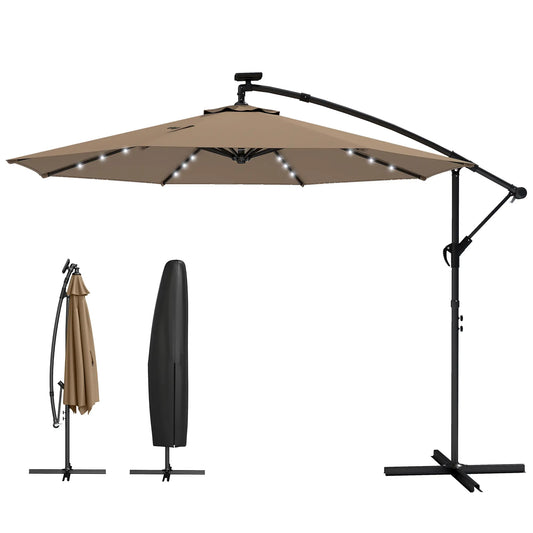 9.7 ft Cantilever Patio Umbrella, Solar Light, Tilt, Crank, Khaki Offset Cantilever Umbrellas Khaki, Black at Gallery Canada