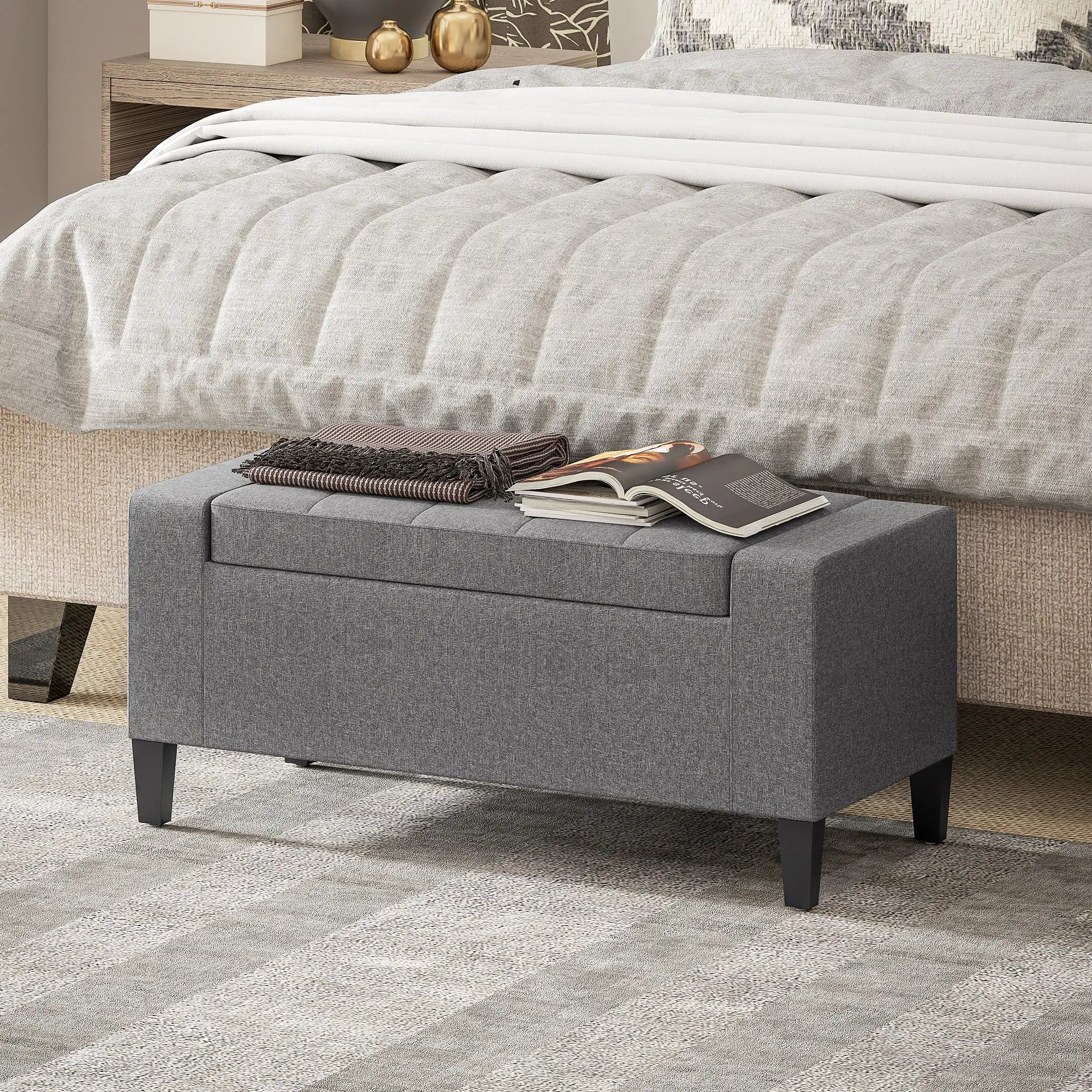 Storage Ottoman Bench, Tufted Linen Fabric, Flipping Top, Grey Storage Ottomans & Benches at Gallery Canada