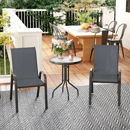 3 Piece Bistro Set, Stackable Mesh Chairs, Glass Table, Dark Grey