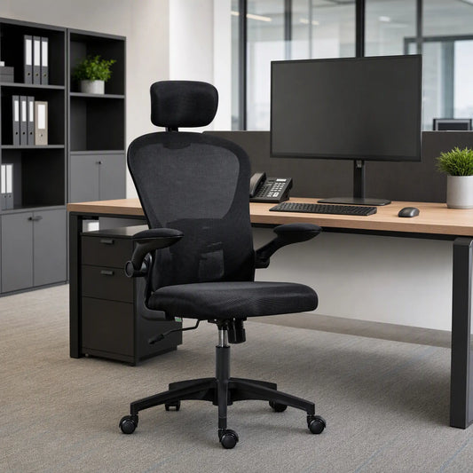 Mesh Office Chair, Adjustable Headrest, 4D Lumbar Support, Flip-Up Arm, Black Office Chairs Black at Gallery Canada