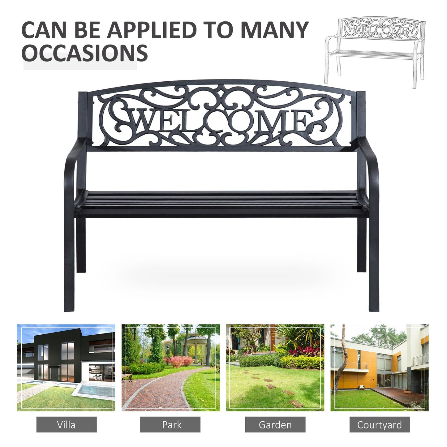 50" 2-Seater Garden Bench, Metal Outdoor Loveseat, Black Outdoor Benches at Gallery Canada