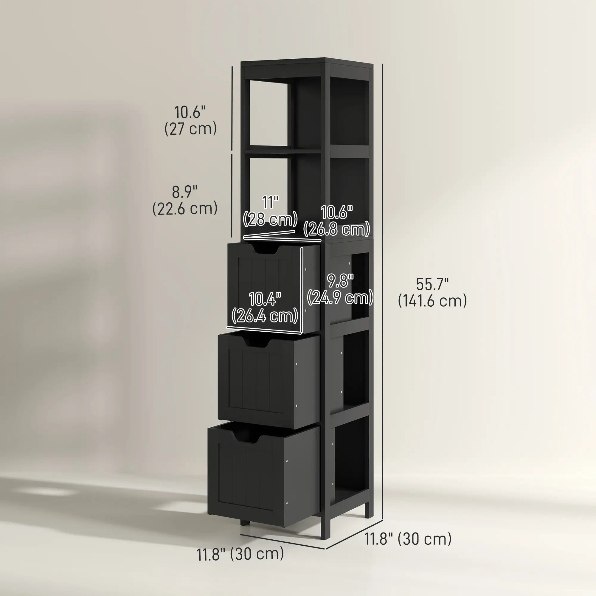 Narrow Bathroom Cabinet, 3 Drawers, 2 Tier Shelf, Tall Cupboard, Black Bathroom Cabinets at Gallery Canada