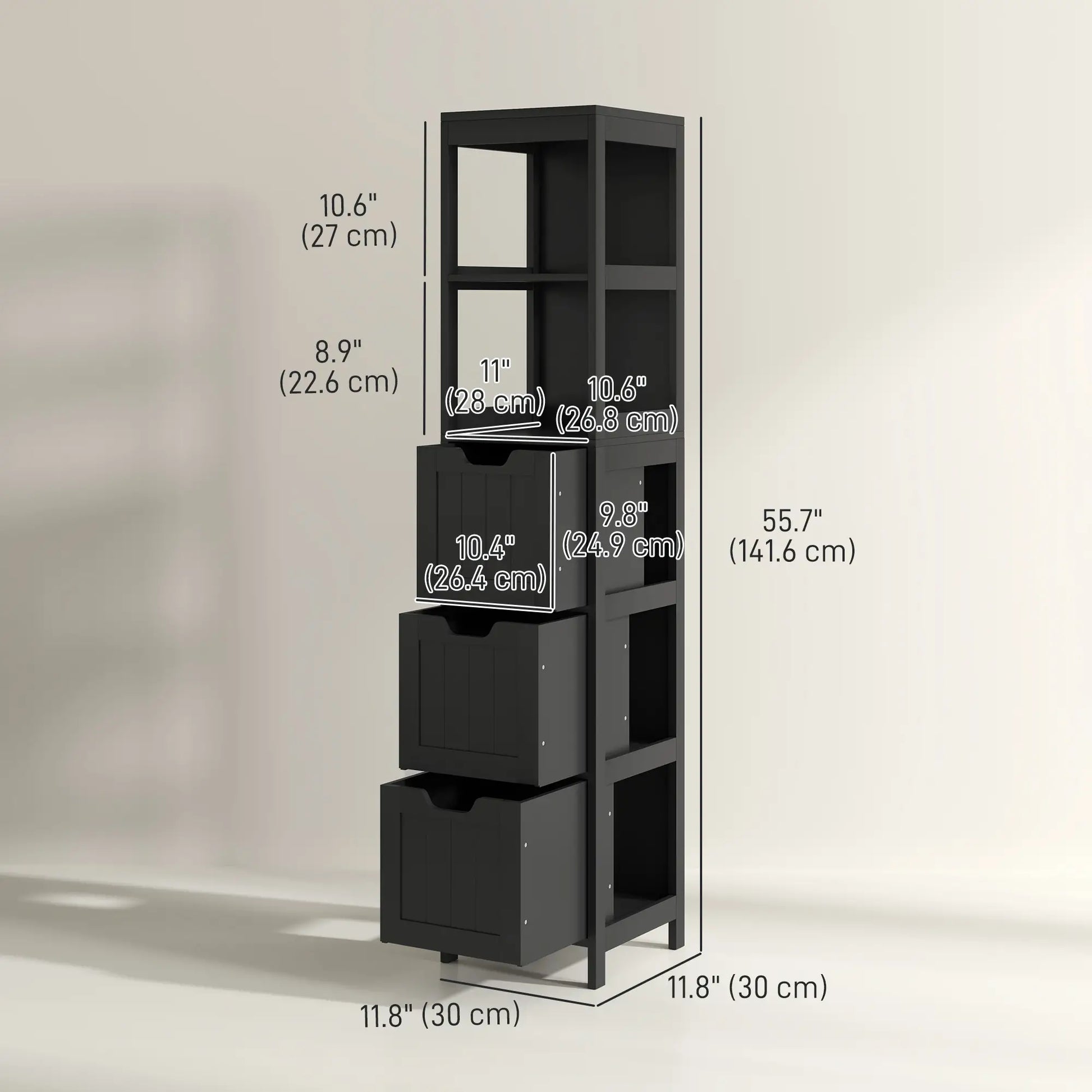 Narrow Bathroom Cabinet, 3 Drawers, 2 Tier Shelf, Tall Cupboard, Black Bathroom Cabinets at Gallery Canada