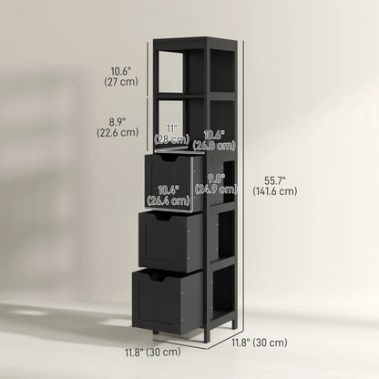 Narrow Bathroom Cabinet, 3 Drawers, 2 Tier Shelf, Tall Cupboard, Black Bathroom Cabinets at Gallery Canada