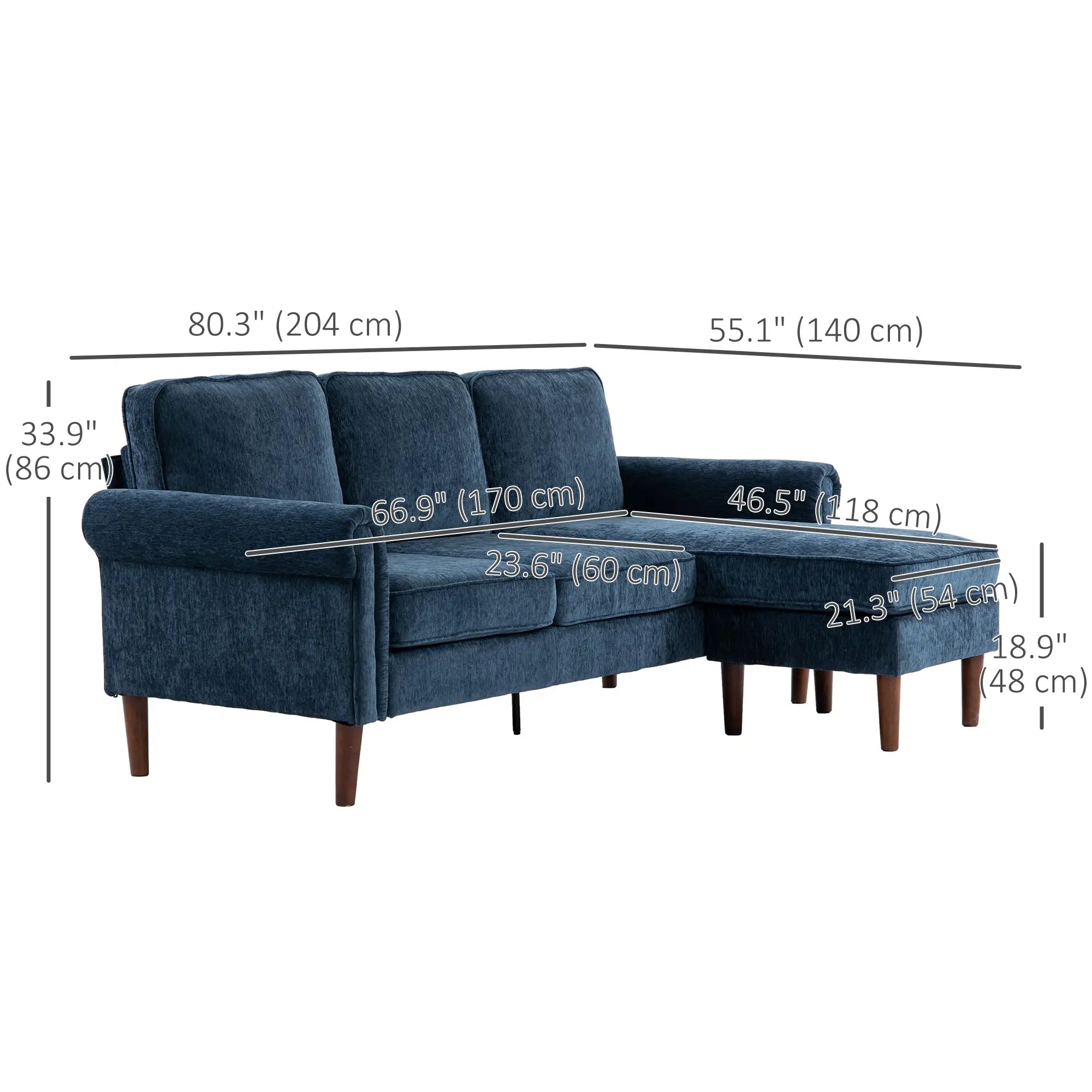 L Shape Sofa, Modern Sectional Couch, Changeable Chaise, Wooden Legs, Dark Blue 3-Seater Sofas at Gallery Canada