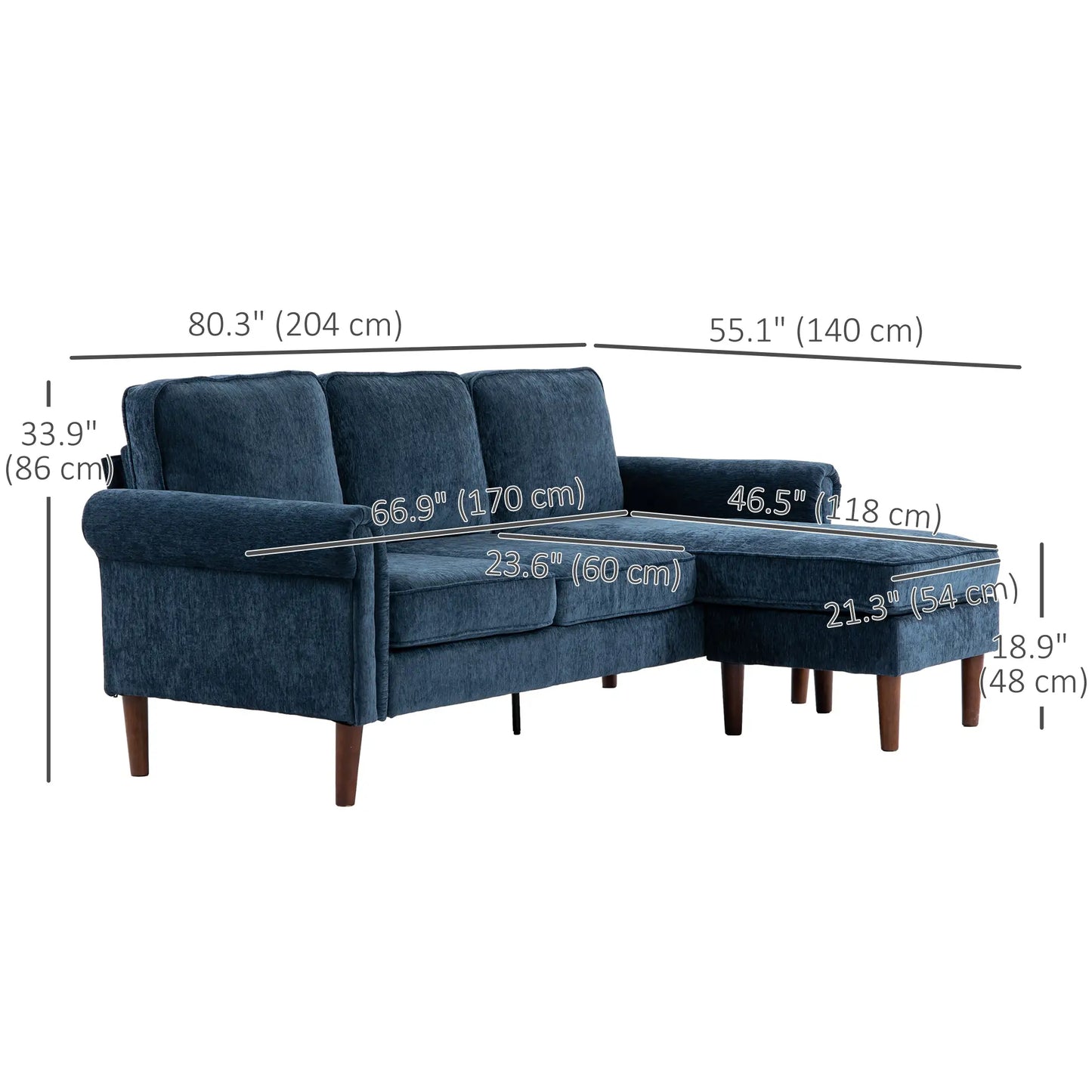 L Shape Sofa, Modern Sectional Couch, Changeable Chaise, Wooden Legs, Dark Blue 3-Seater Sofas at Gallery Canada