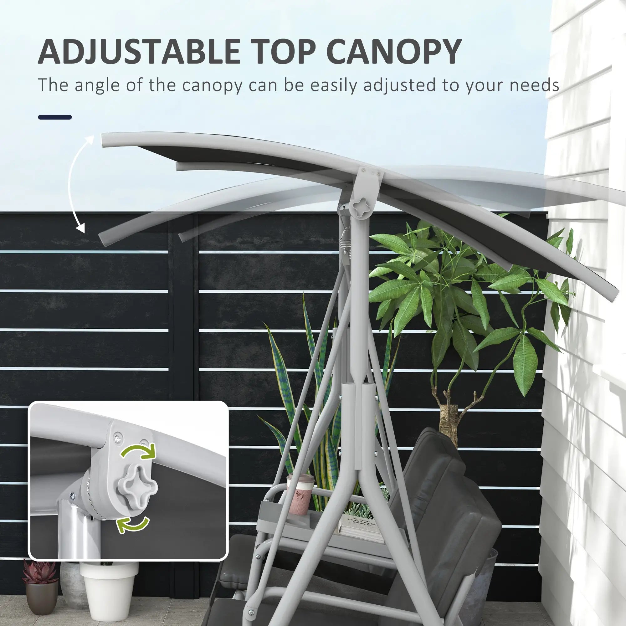 2-Seater Outdoor Porch Swing, Adjustable Canopy, Table, Grey Patio Swings with Stand at Gallery Canada