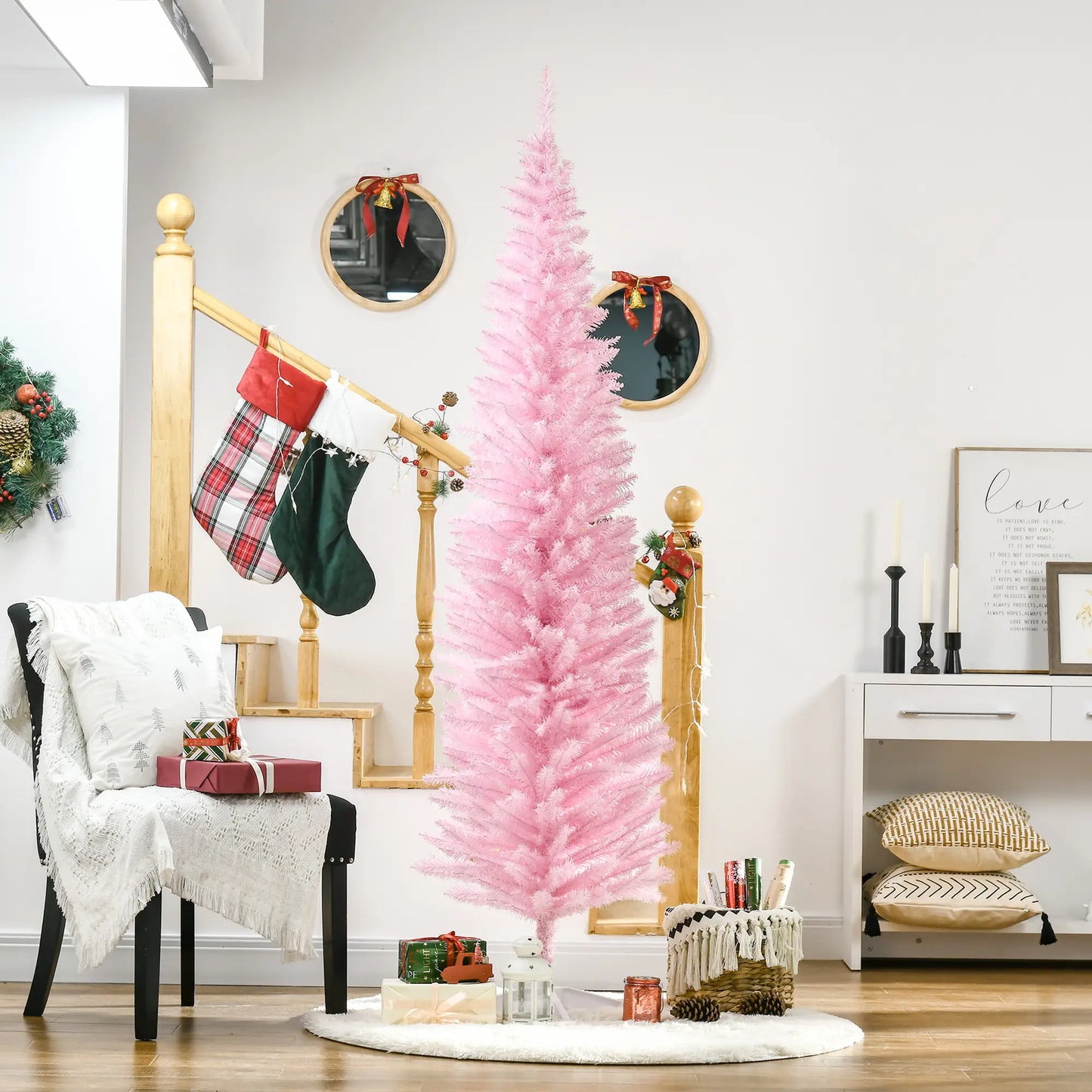 7' Slim Artificial Christmas Tree, Realistic Branches, Sturdy Metal Stand, Pink Pencil Christmas Trees at Gallery Canada