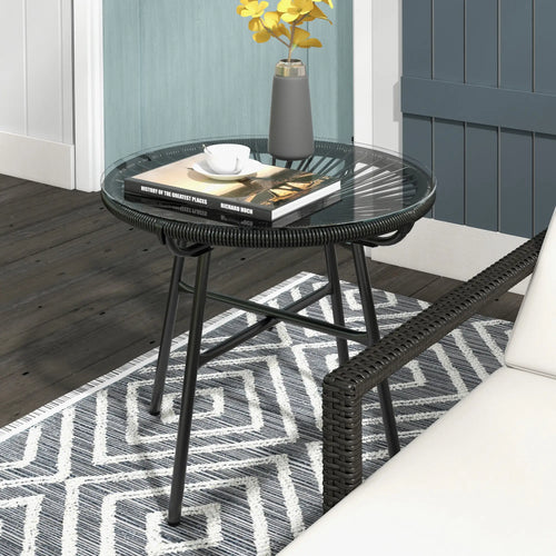 Round Rattan Side Table, Outdoor, PE Rattan, Tempered Glass Top, Black