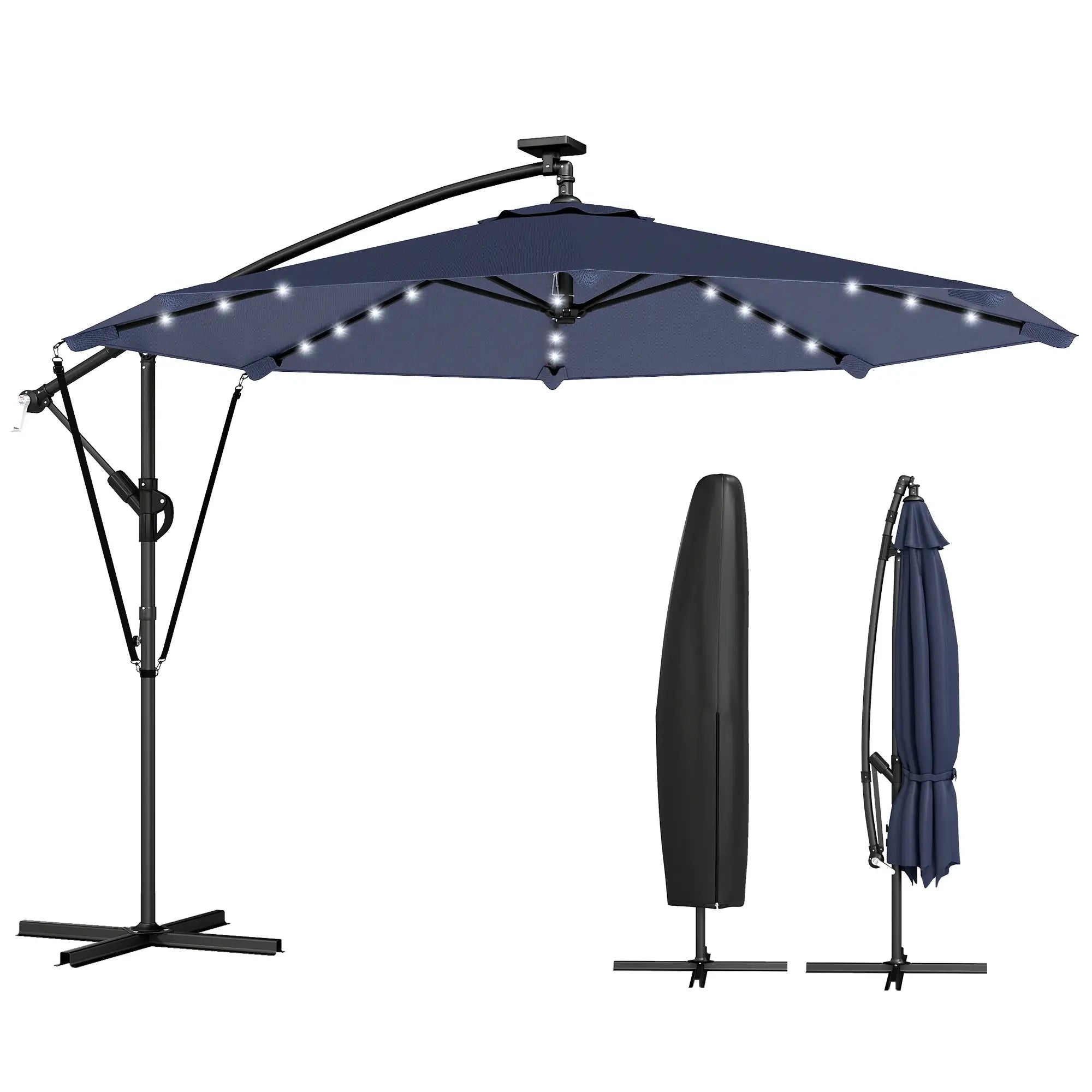 9.7ft Solar LED Cantilever Patio Umbrella, 32 LED Lights, Dark Blue Offset Cantilever Umbrellas Dark Blue, Black at Gallery Canada