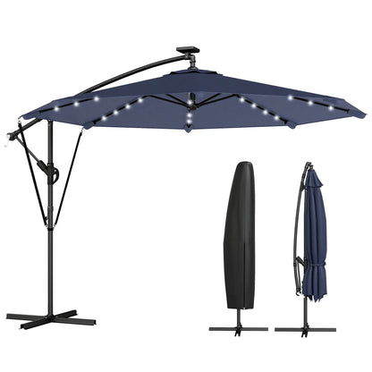 9.7ft Solar LED Cantilever Patio Umbrella, 32 LED Lights, Dark Blue Offset Cantilever Umbrellas Dark Blue, Black at Gallery Canada