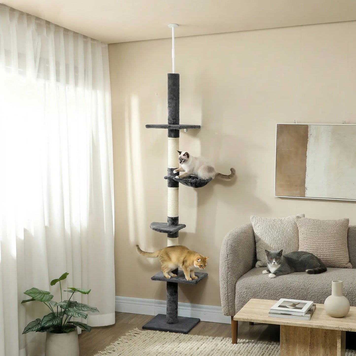 8.5ft Cat Climbing Tree, 5-Tier Activity Center, Scratching Post, Dark Grey Floor to Ceiling Cat Trees at Gallery Canada