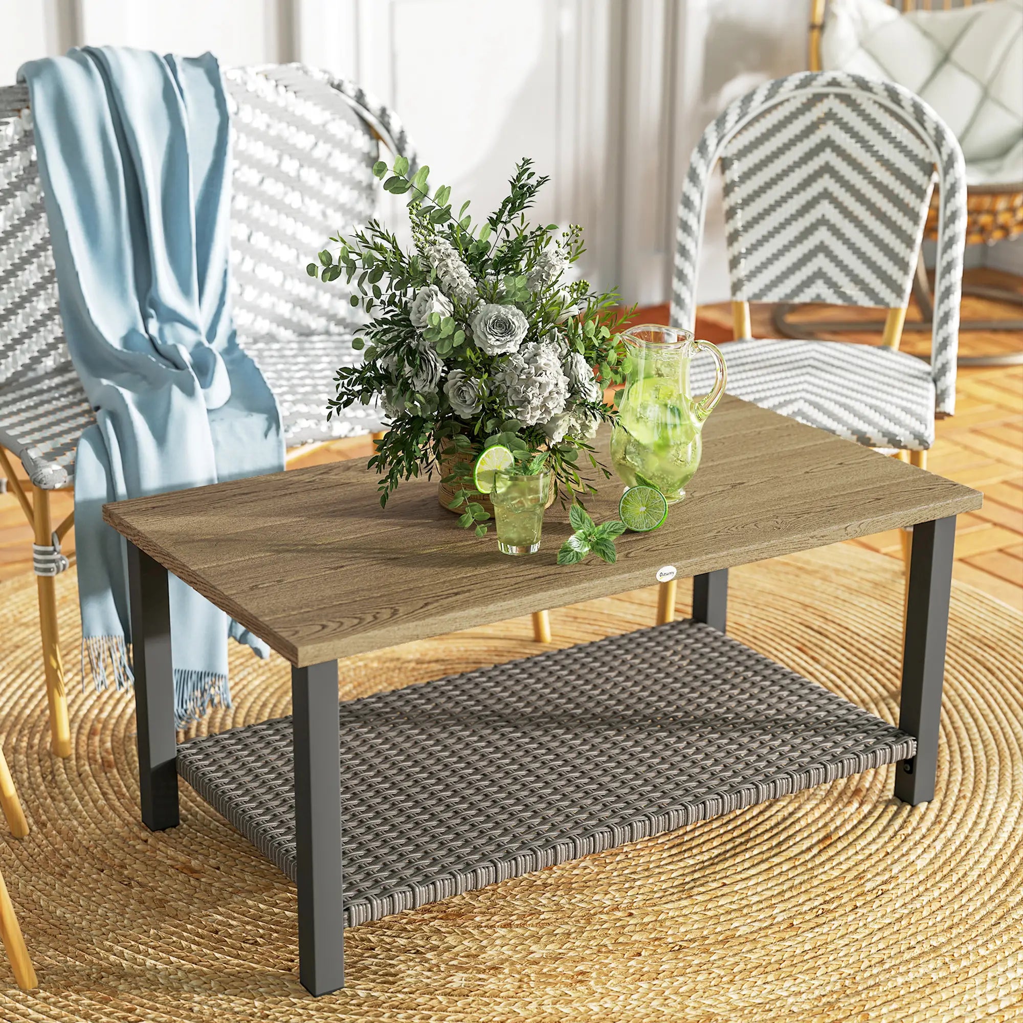 2-Tier Rectangle Outdoor Coffee Table, Wood-Effect Metal Top, Wicker Shelf, Brown Patio Side Tables at Gallery Canada